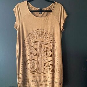 H&M Tan Faux Suede Laser Cut Bohemian Mini Dress Stretchy Size Small